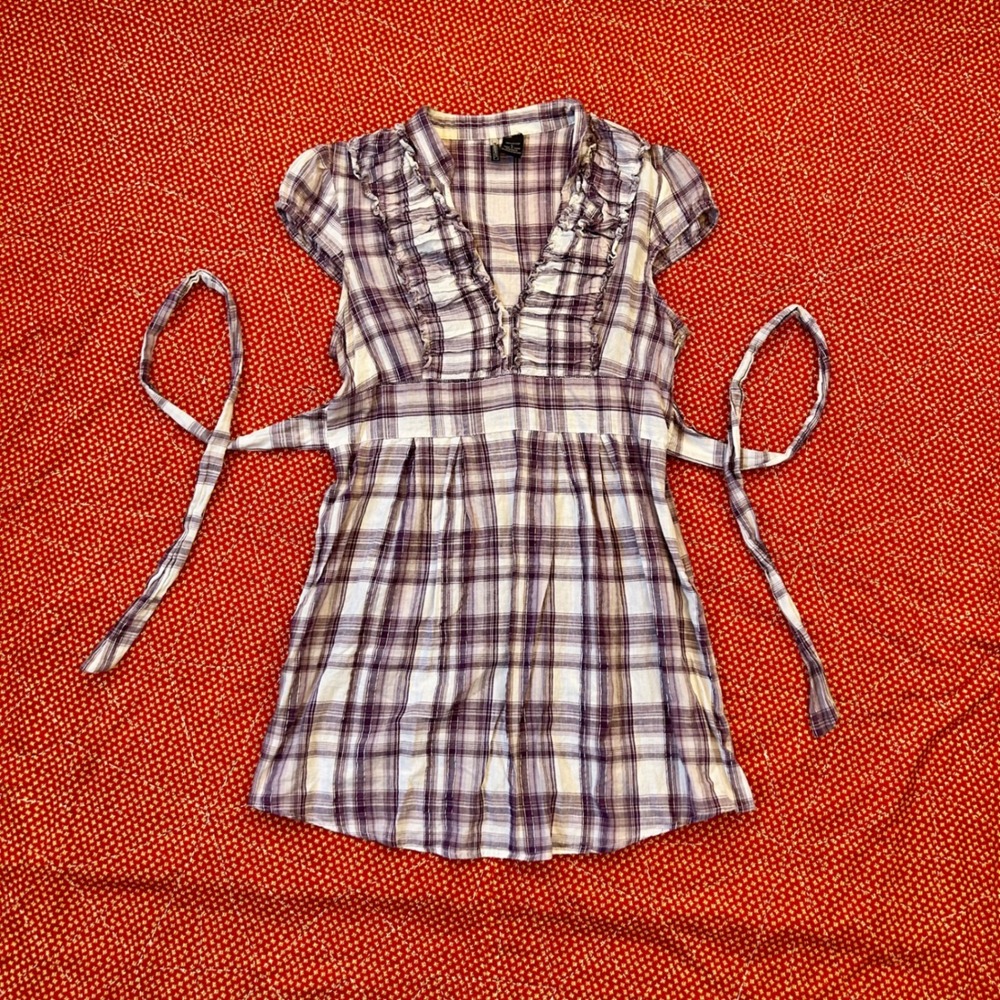Passport 2000s Purple Plaid Ruffle V-Neck Empire Waist cotton dress Large